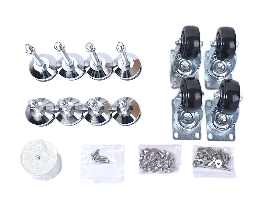 Set of wheels, cup pads, and screws for embroidery machine maintenance.