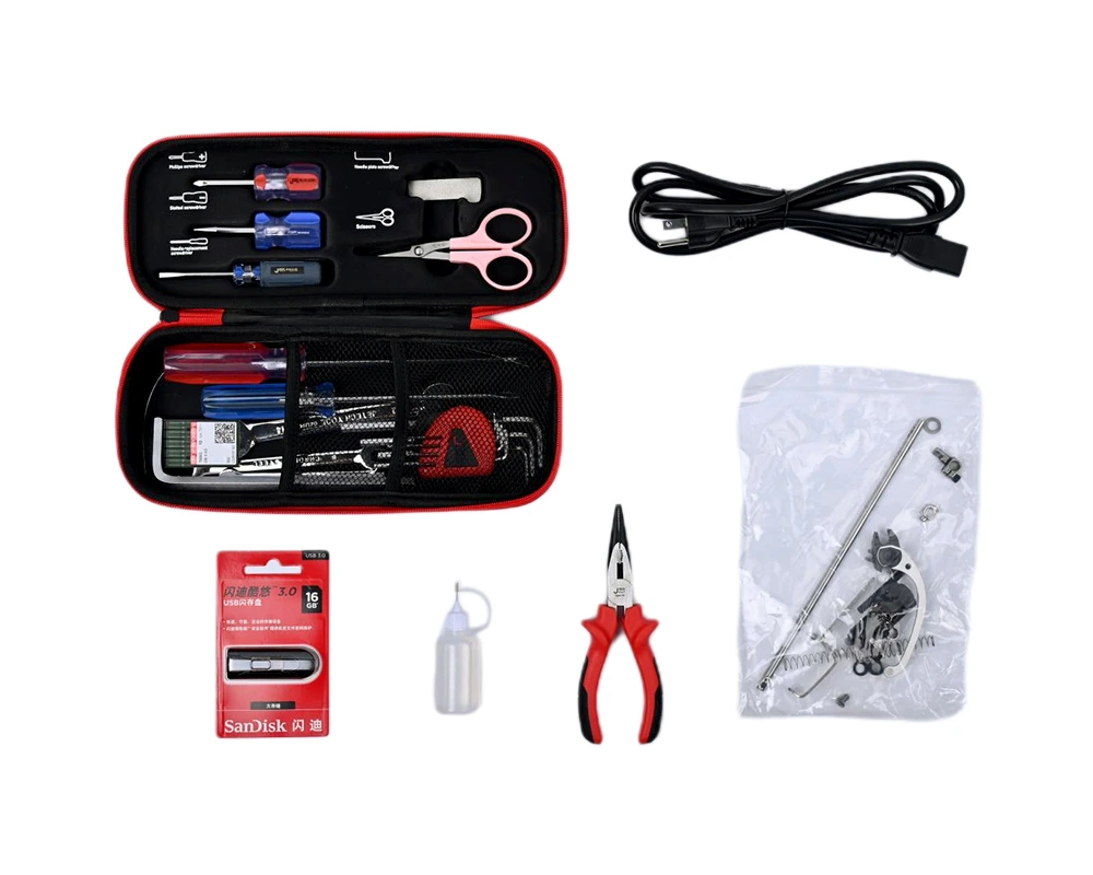 Embroidery machine tool kit for easy maintenance and adjustments.